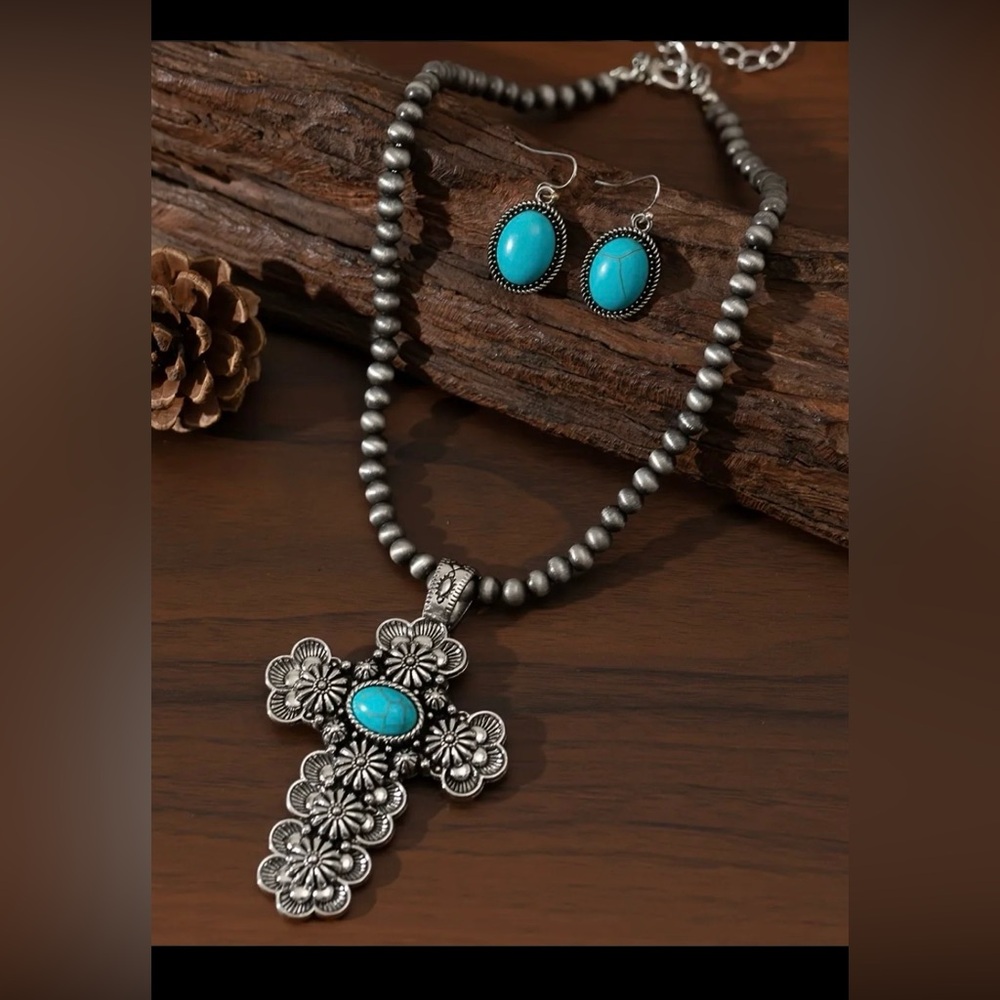 Southwest Faux Navajo Pearl Faux Turquoise Cross Earrings Beaded Necklace Set - Picture 3 of 9